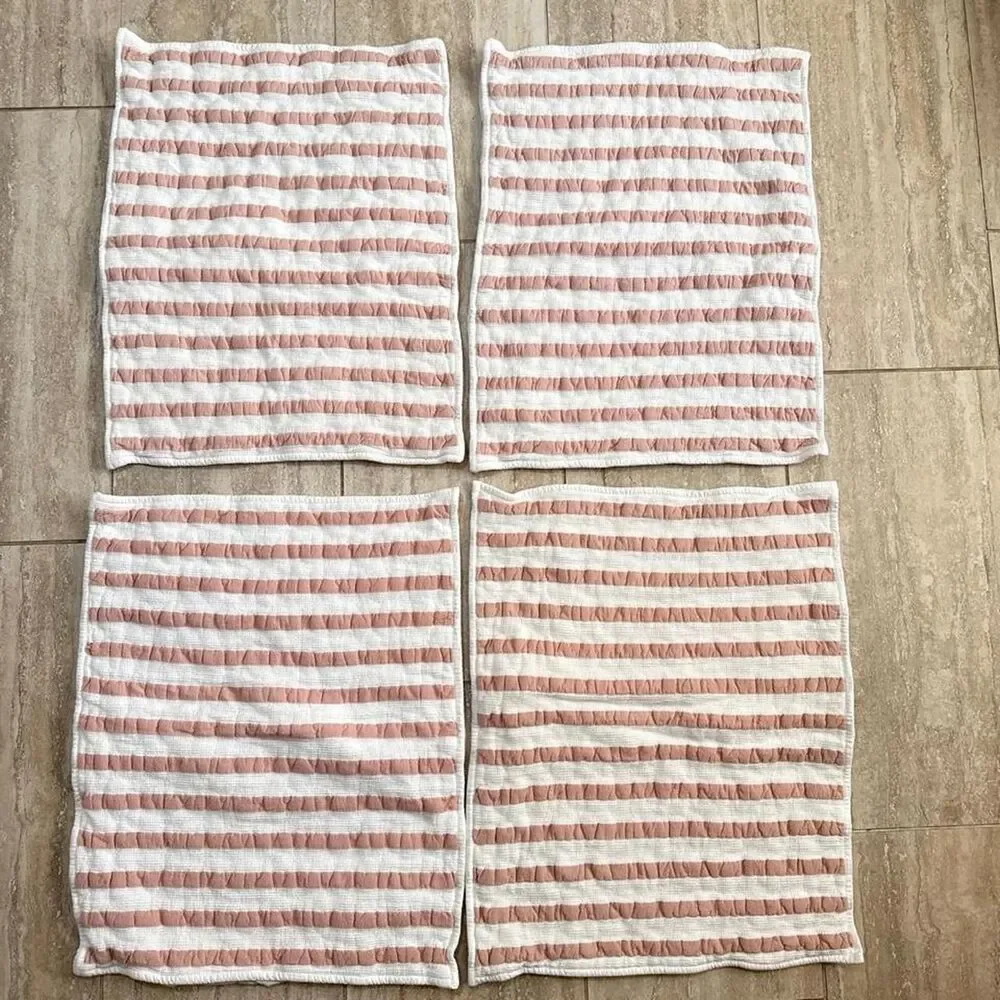 Crate & Barrel Organic Cotton Bedding Quilt set Pink White Waffle knit Striped